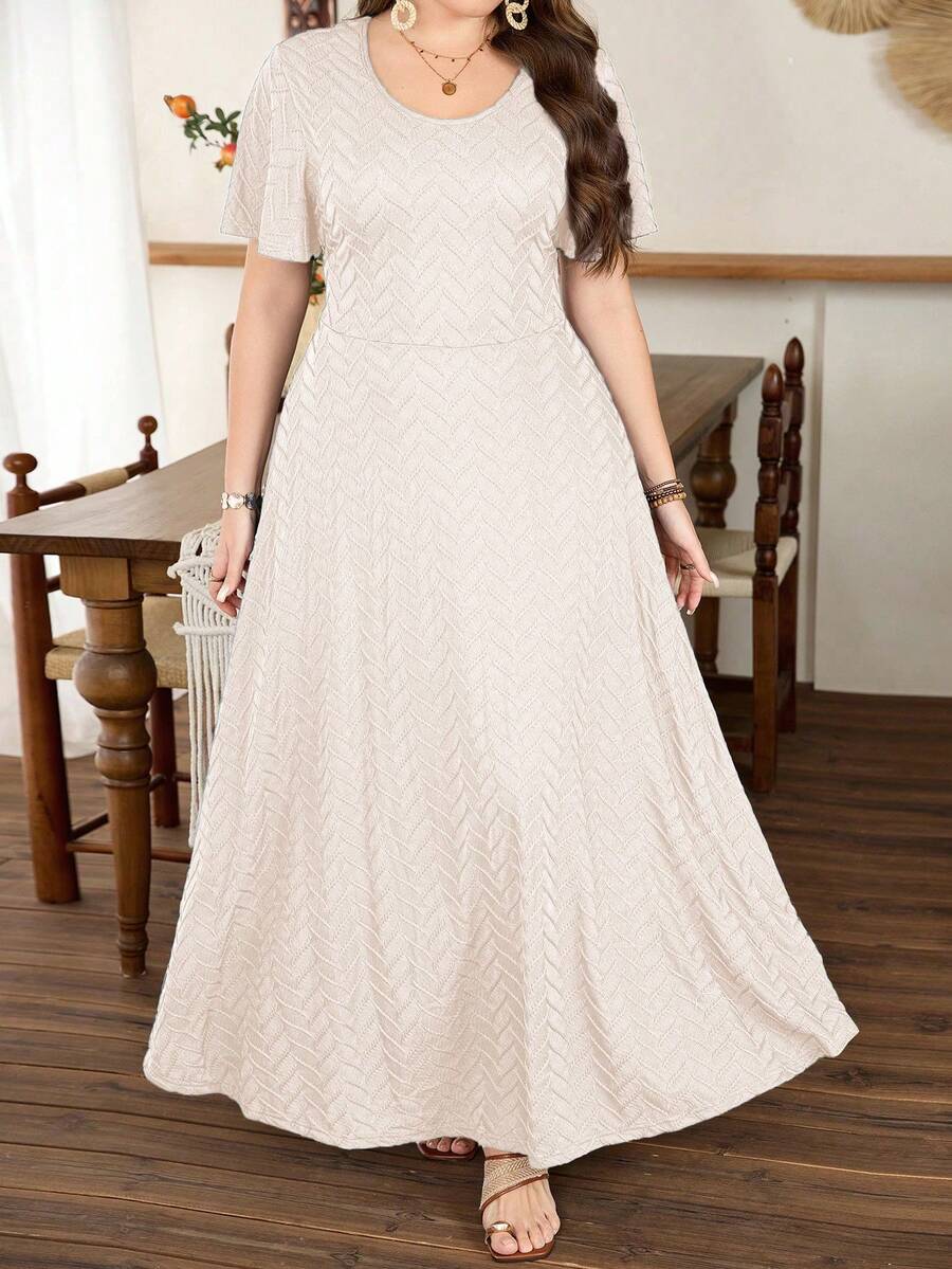 Modelyn 大码女式荷叶边A字连衣裙,简约优雅短袖 - 杏色 - 查看 1