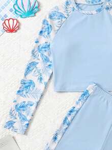 SHEIN 少女插肩袖热带植物印花上衣和短裤泳装套装 - 淺藍色 - 查看 3