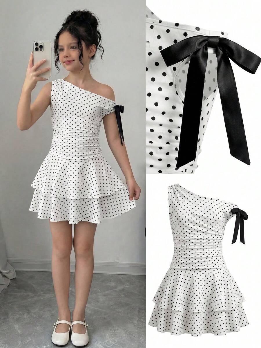 SHEIN Đầm dệt kim chấm bi xếp nếp cổ lệch vai thanh lịch cho bé gái tuổi teen, mùa hè - trắng - Xem 1
