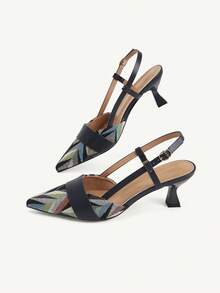 CUCCOO CHICEST 女款新款拼接腰帶尖頭法式優雅海軍藍高跟鞋 Slingback 穆勒鞋 通勤辦公 派對約會下午茶聚會 - 寶藍色 - 查看 4