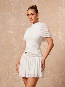Lumalex Vestido corto elegante y sexy de mujer con cuello, sin mangas, fruncido y acampanado, en color albaricoque, para primavera/otoño - Blanco - Ver 6
