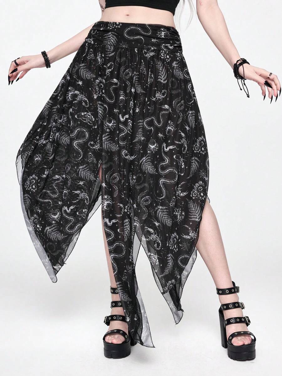 ROMWE Asymmetrical Hem Chiffon Skirt, Vacation Themed Moth Eye Spider Goth Print, Spring/Summer - Black - View 1