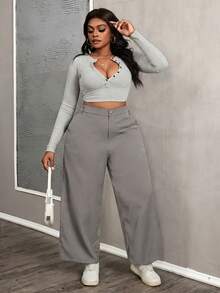 SHEIN PETITE CURVE 大码女士纯色简约日常休闲裤 - 深灰色 - 查看 3