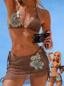 Bellisia Bộ bikini 3 mảnh vải dệt họa tiết hoa, đồ bơi kèm váy, thích hợp cho kỳ nghỉ hè/xuân ở bãi biển. Bộ bikini và váy màu nâu, gồm hai mảnh, dành cho nữ. Bộ bikini và váy, đồ bơi. - màu nâu - Xem 8