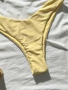 Swim Mod Women's Solid Color Spaghetti Strap Metal Decor Sexy Bikini Set, Summer - Yellow - View 4