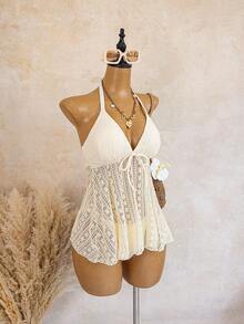 Swim Vcay Bộ bikini hai mảnh cỡ lớn dành cho nữ năm 2026, chất liệu ren hoa, kiểu dáng dây mảnh, quần tam giác, thích hợp mặc đi biển và nghỉ dưỡng. - Màu be - Xem 3