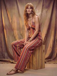 Fembélia Women's Vacation Striped Backless Criss-Cross Halter Wide Leg Jumpsuit - Multicolor - View 1
