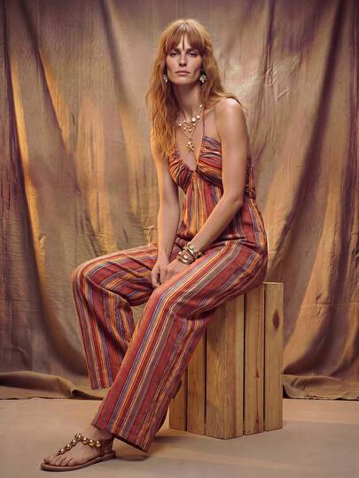  Fembélia Women's Vacation Striped Backless Criss-Cross Halter Wide Leg Jumpsuit
