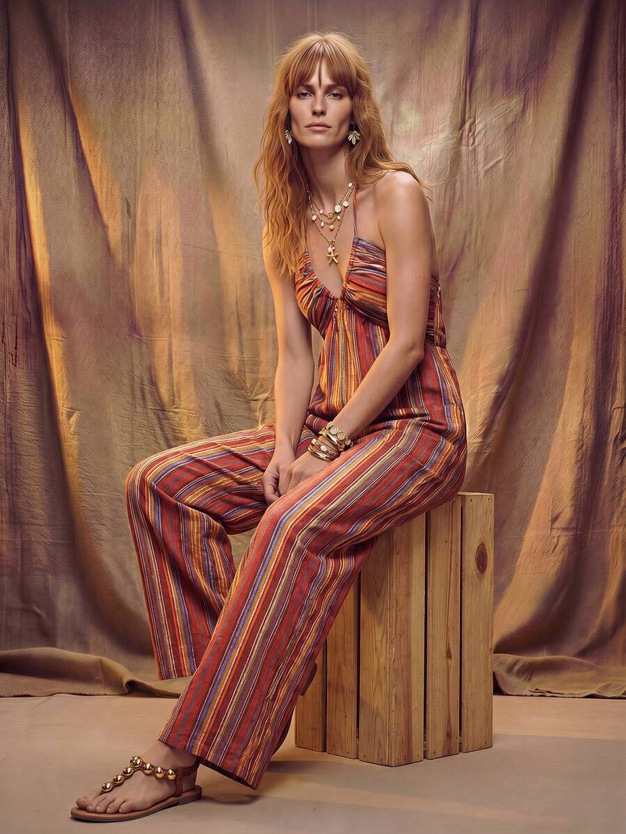 Fembélia Women's Vacation Striped Backless Criss-Cross Halter Wide Leg Jumpsuit - Multicolor - View 1