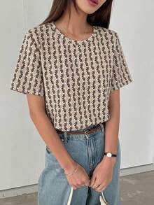 DAZY 女士夏季圆领短袖蕾丝拼接休闲套头T恤 - 彩色 - 查看 2