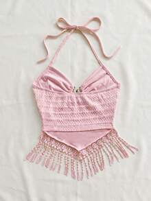 Blusa de uso diario versátil y casual con diseño de metal, cordón y flecos en unicolor para mujer - Rosa - Ver 3