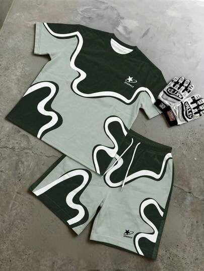Manfinity EMRG Men's Color Block Round Neck Short Sleeve T-Shirt And Drawstring Waist Shorts Casual Daily Outfit