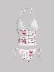 SHEIN MOD Women's Summer Beach Floral Print Halter Tankini Swimwear Set - Baby Pink - View 4