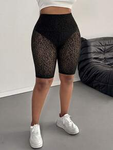 SHEIN PETITE CURVE 大码女式网眼豹纹休闲基础款打底裤，适合夏季穿着，中长款，适合娇小身材，高腰设计，休闲、运动、夏季穿搭、嘉年华服装、假日装扮 - 黑色 - 查看 7