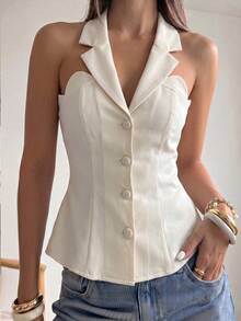 Mulvari Áo blazer nữ màu mơ dệt kim không tay, cổ yếm, eo xếp ly, dáng chữ A, cài cúc, thanh lịch, lãng mạn, thích hợp cho mùa xuân/hè. - Màu be - Xem 8