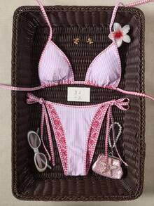 Swim Mod Bikini Halter Dua Potong Motif Cetak Seluruh Permukaan untuk Liburan Pantai Kasual Wanita - Berwarna merah muda - View 5