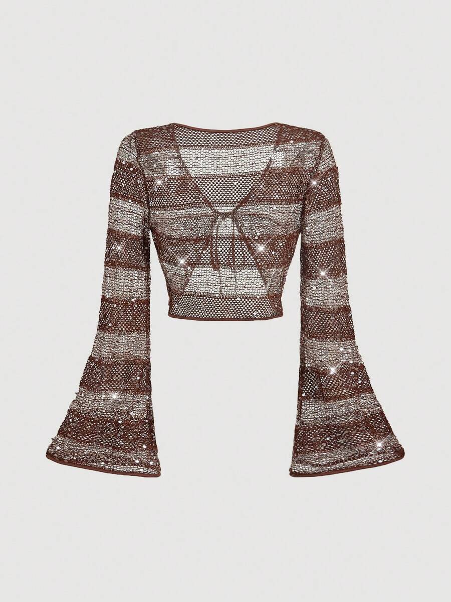 SHEIN MOD Áo khoác cardigan cổ chữ V dáng ngắn tay loe buộc dây phía trước, màu cà phê/kaki đính sequin khoét rỗng, thích hợp cho kỳ nghỉ, phong cách vintage, boho, đồng quê, áo khoác ngoài kẻ sọc rộng. - Cà phê nâu - Xem 1