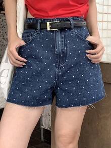 DAZY 女士波点爱心印花口袋休闲牛仔裤 - 藍色 - 查看 3
