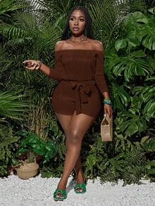 Slaydiva Bộ jumpsuit nữ mùa xuân hè mới, kiểu dáng thường ngày, tay dài lệch vai, tay raglan, phần thân trên rộng rãi, quần short ôm sát, dây buộc eo, vải dệt kim kẻ sọc dọc màu cam. - Màu nâu  Mocha - Xem 5