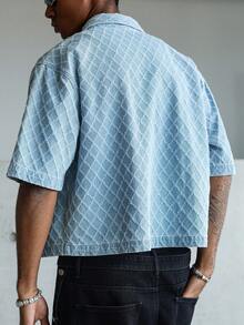 STEELVANCE Áo sơ mi nam tay ngắn chất liệu denim xanh, kiểu dáng thường ngày, chất liệu dệt kim, phong cách đường phố. - Rửa nhẹ - Xem 2