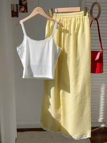 SHEIN Conjunto de 2 piezas de verano de lino amarillo para adolescentes: Camiseta sin mangas con adorno de encaje + Pantalones anchos de cintura alta, un conjunto casual y fresco, un imprescindible versátil y de moda - Multicolor - Ver 9