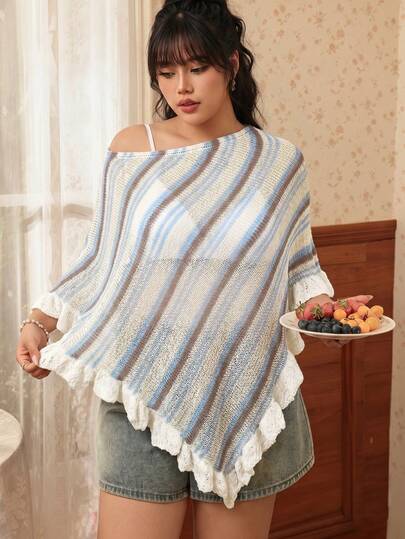 CovetEZ Blue & Yellow Striped Mesh Knit Plus Size Beach Cover-Up, New Spring/Summer
