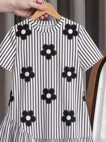 Tween Girls' Casual Summer Striped & Floral Print Ruffle Hem Short Sleeve Dress - Black - View 7