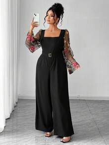 Elenzga Bộ jumpsuit nữ cỡ lớn kiểu Pháp thanh lịch mới, tay dài, thêu, phối lưới, thiết kế thắt eo, cúc kim loại, bộ sưu tập xuân/hè hoàn toàn mới, jumpsuit ống rộng duyên dáng lãng mạn, phù hợp cho hẹn hò, công sở, thường ngày và đi làm. - màu đen - Xem 1