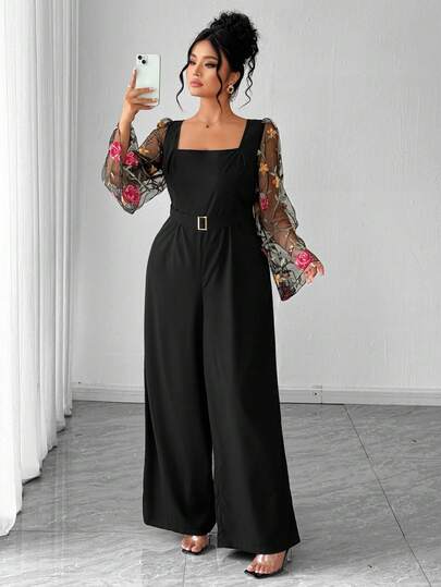 Elenzga Mono elegante de estilo francés para mujer de talla grande, de manga larga, con bordados, parches de malla, diseño de cintura ceñida, botones metálicos, nueva colección primavera/verano, mono de pierna ancha elegante y romántico, adecuado para citas, negocios, casual y uso diario