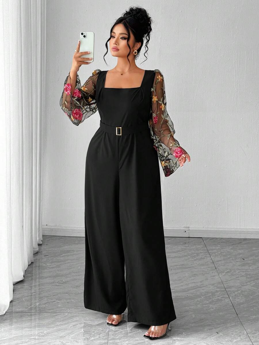 Elenzga Bộ jumpsuit nữ cỡ lớn kiểu Pháp thanh lịch mới, tay dài, thêu, phối lưới, thiết kế thắt eo, cúc kim loại, bộ sưu tập xuân/hè hoàn toàn mới, jumpsuit ống rộng duyên dáng lãng mạn, phù hợp cho hẹn hò, công sở, thường ngày và đi làm. - màu đen - Xem 1
