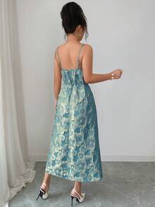Vestido elegante de mujer con tirantes de espagueti y estampado jacquard, adecuado para invitadas de boda, fiestas de noche y galas; Vestido elegante de de mujer con cuello en V y pliegues - Azul - Ver 2