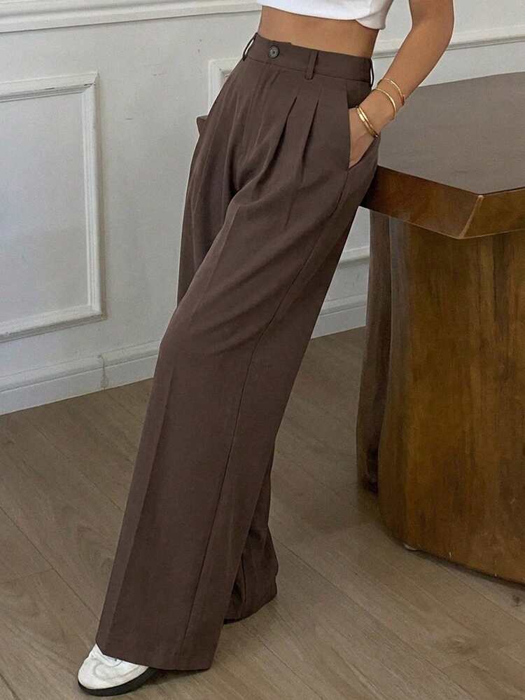 Women's Solid Color Pleated Pocket Casual Versatile Daily Wear Wide Leg Pants