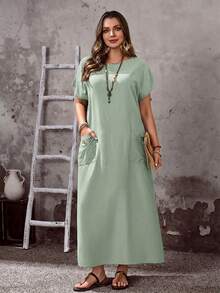 EMERY ROSE Plus Size Women's Sage Green Summer Boho Vacation Dress,Round Neck Short Sleeve Loose Fit Flowy Long Dress With Pockets,Casual Spring Holiday Outfits - Mint Green - View 7