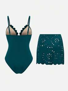 Swim Oasis 26SS 春夏度假海灘成熟優雅波西米亞風掛脖式連身泳衣附裙組套裝 - 水鴨藍 - 查看 2