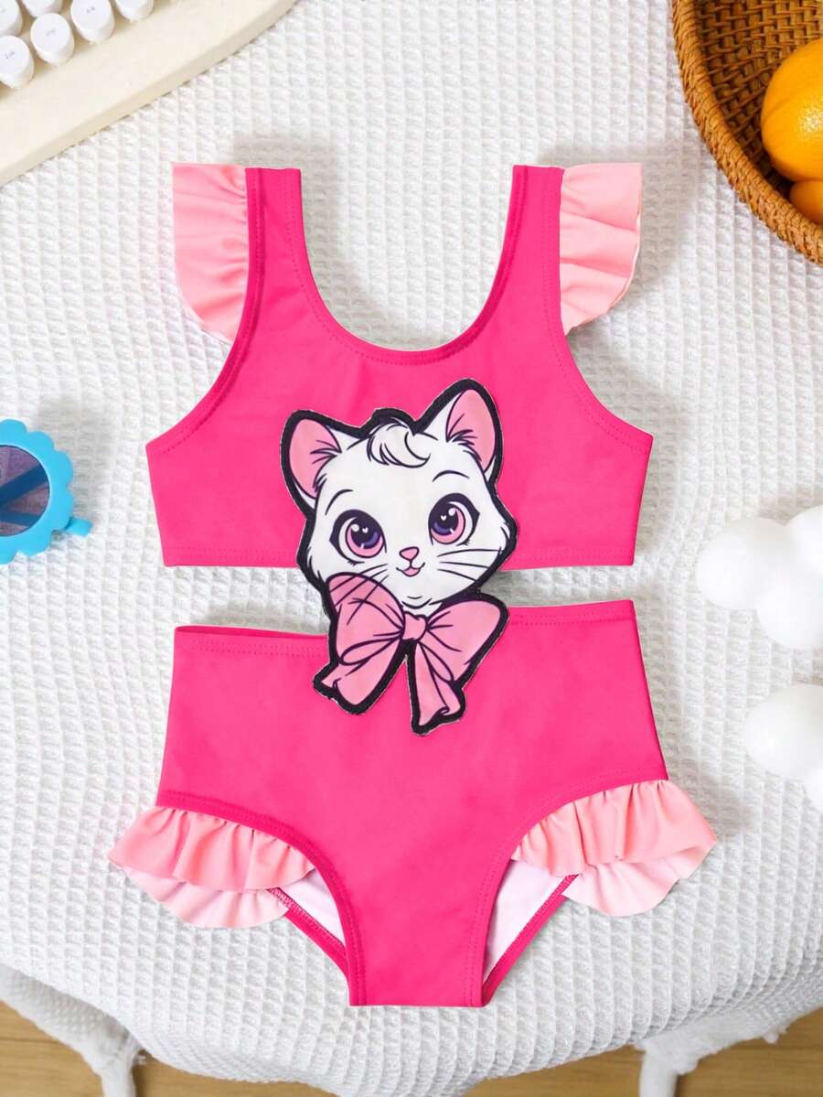 SHEIN GraphicGems Infant/Baby GirlSwimsuit, Cute Cat Applique Print Ruffle One-Piece Swimwear, Suitable For Summer Vacation, Beach, Swimming Pool - Hot Pink - View 1