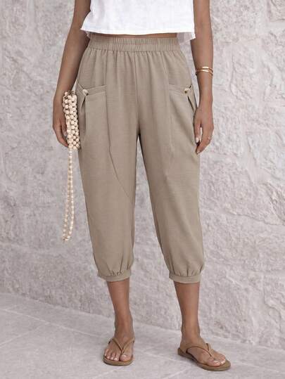 Selianne Women's 7/8 Length Casual Holiday Elegant Romantic Minimalist Pants With Pockets And Button Decor