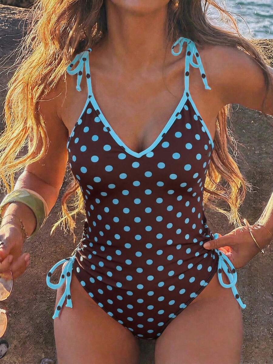 Bonvoyette Swim Mod-D 女款春夏波點隨機印花細肩帶綁帶式連身泳衣 - 彩色 - 查看 1