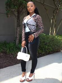 Steph T Open Front Leopard Print Mesh & Lace Contrast Ladies Sexy Tie Front Flare Sleeve V Neck Brown Top, Spring/Fall,Casual Daily Wear Y2K  - Brown - View 5