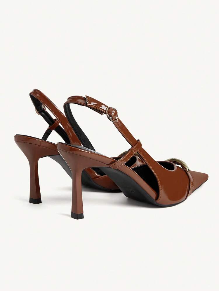CUCCOO CHICEST Spring And Summer New Design Wine Glass Heel High Heel Metal Buckle Romantic Elegance Temperament Simple Sexy Women Brown Patent Leather Material Slingback Ankle Strap High Heel Shoes Exposed Heels Dress Shoes Dating Afternoon Tea Party Valentine's Day Elegant Wear