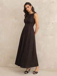 SHEIN Tall 夏季新款褶皱无袖A字连衣裙，优雅女士连衣裙，派对棕色休闲款 - 棕色 - 查看 6