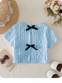 Babygirl Cute Jacquard Bow Knit Short Sleeve Top, Versatile For Summer - Baby Blue - View 4