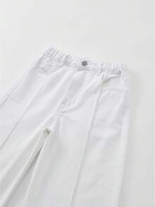 SHEIN Casuvi Kids Quần jean ống rộng 7/8 màu trắng cơ bản dành cho bé gái - trắng - Xem 5