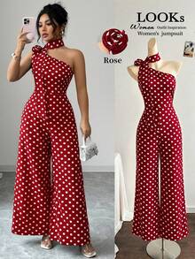 GlowEve CURVE Plus Size Women's Elegant Black & White Polka Dot Asymmetrical Shoulder Jumpsuit, Suitable For Commuting, Spring/Summer - Red - View 8