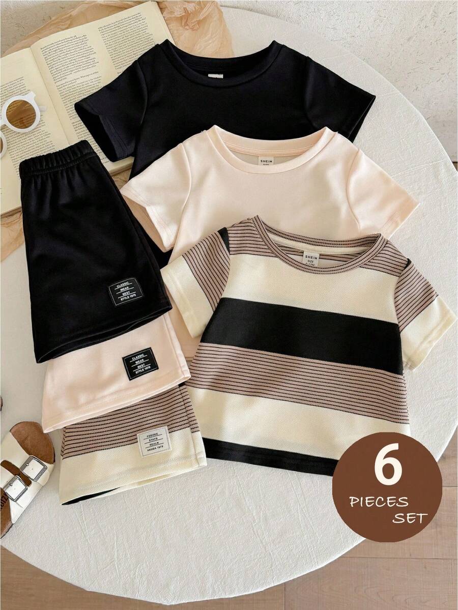 LMoss Kids Bộ 6 món cho bé trai, áo thun và quần short dệt kim màu trơn cổ tròn kẻ sọc, kiểu dáng thường ngày. - Nhiều màu - Xem 1