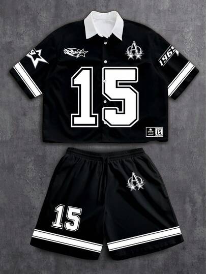 Manfinity ZONE917 Men's Box-Shaped Short 15# Contrast Color Short Sleeve Shirt And Shorts Set