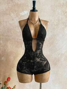 Soleia Plus Size Women Lace Deep V Sexy Halter Romper Beach Vacation Black Summer - Black - View 5