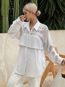 Livesso Women's Striped Loose Casual Shirt, New Arrival For Autumn - White - View 5