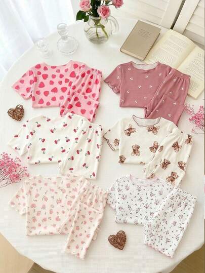 6pcs/Set Young Girl' Cute Cartoon Animal Ditsy Floral Short Sleeve Top And Pants Pajama Set Sleeping Light Pink Summer