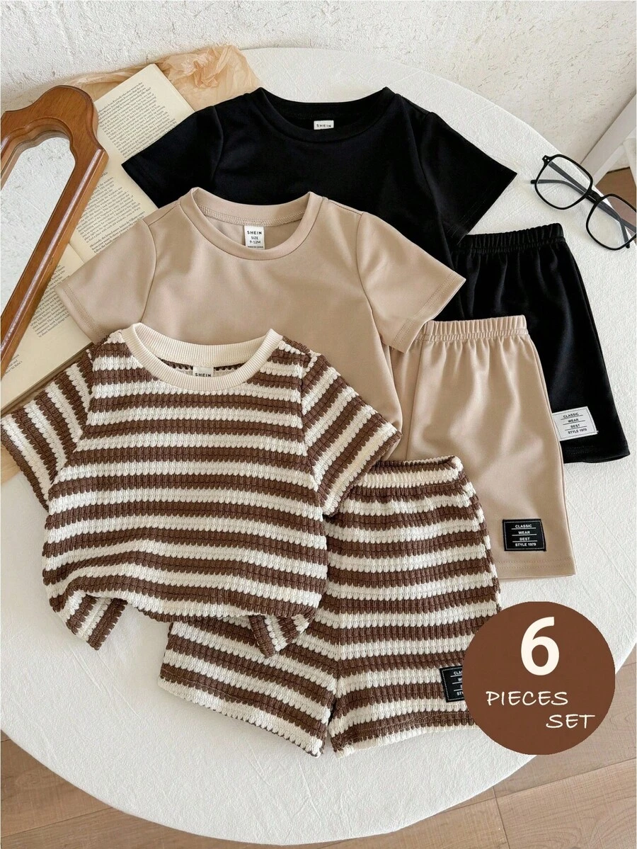 LMoss Kids 6件套男婴针织纯色圆领条纹休闲T恤和短裤套装 - 彩色 - 查看 1