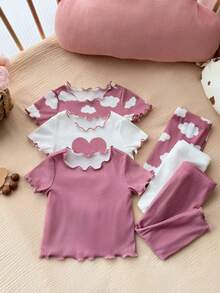 SHEIN LMoss Kids 6件套可爱女宝宝休闲简约卡通爱心云朵波点圆领短袖长裤舒适针织睡衣套装（6件），返校季，时尚套装，母女亲子装 - 彩色 - 查看 3